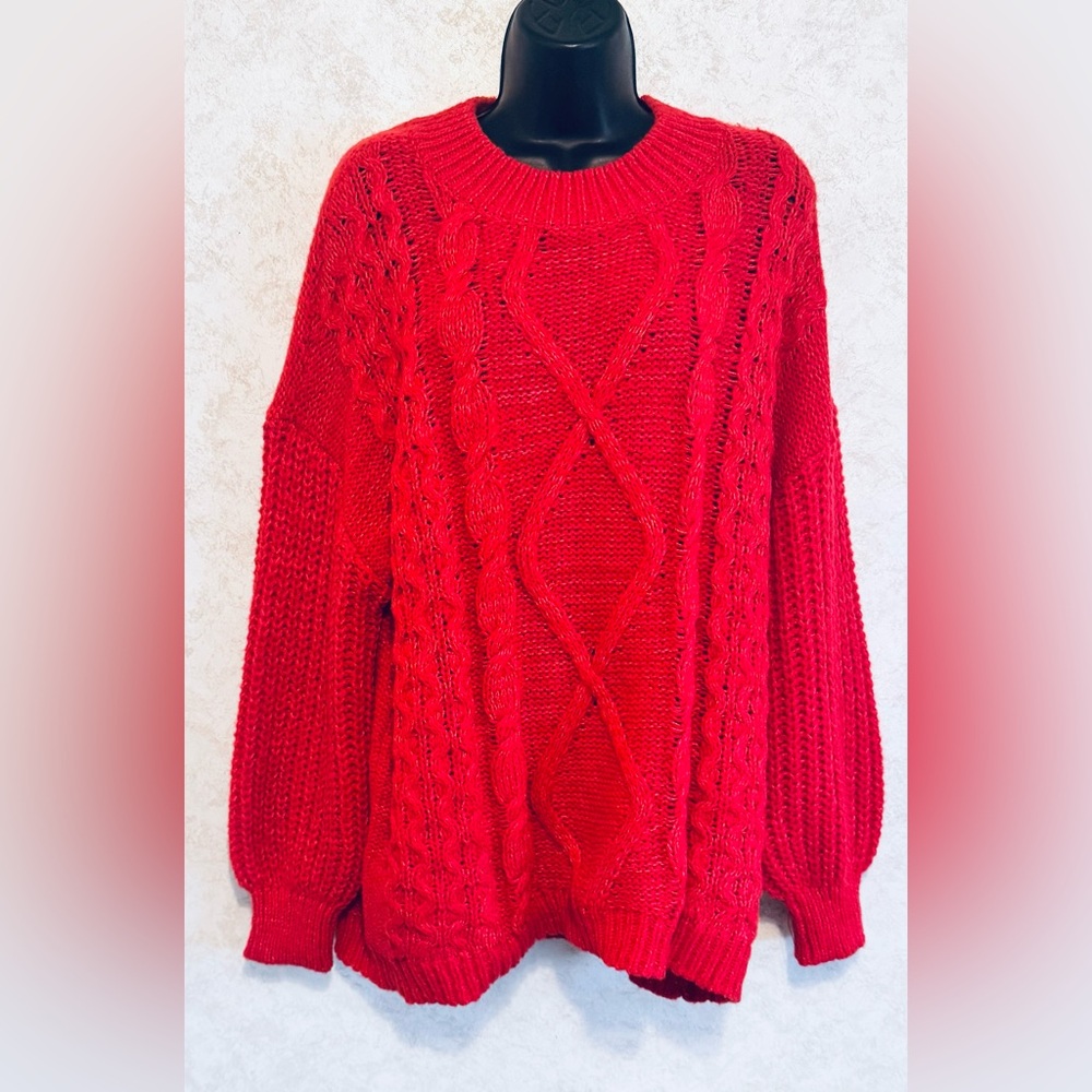 SO Goods for Life Women’s Red Cable Knit Sweater Size Extra Large Basket Weave